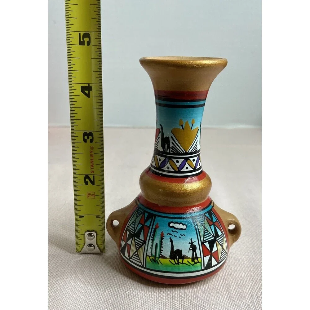 Terracotta Pottery Vase Hand Painted Colorful  5” Tall